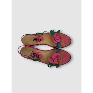 Vintage 1990s Y2k Leather Pink Rose Appliqué Flat Slingback Sandals Size 9M